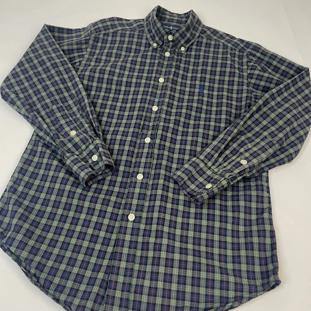 Ralph Lauren Plaid Button Down Shirt Long Sleeve Green Blue Casual Size‎ M 10/12